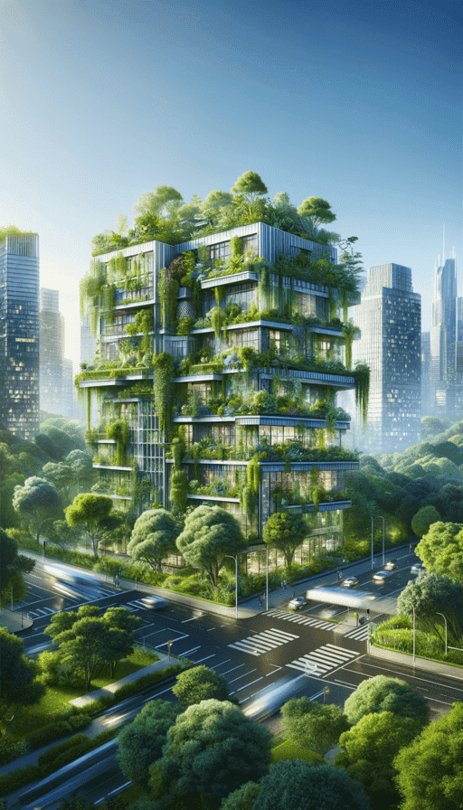 A portrait visual of a modern 'smart building' heavily emphasizing greenery and vegetation. The building should be depicted as a high-tech