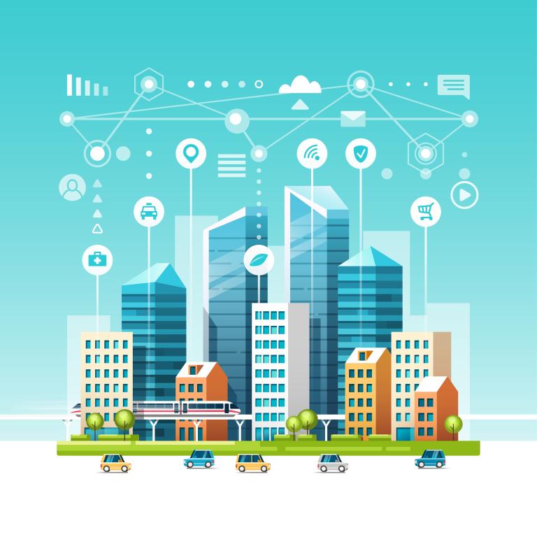 Concept of smart city with different icons. Vector illustration.
