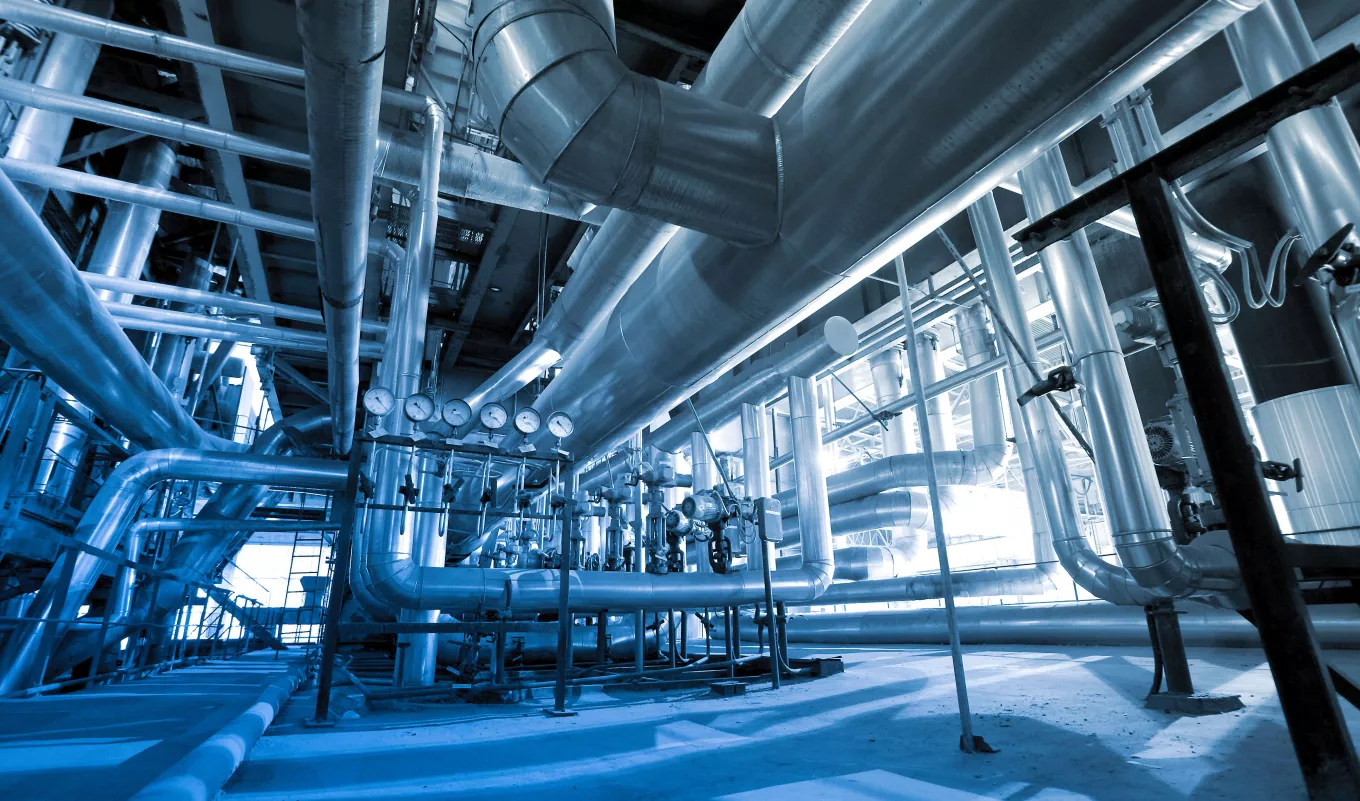 Industrial zone, Steel pipelines and cables in blue tones