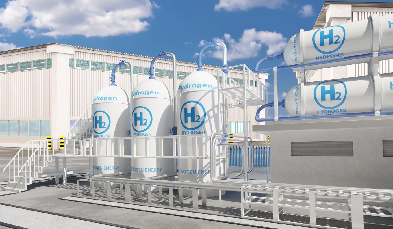 Energy storage system. Hydrogen electrolysis equipment. Electricity from H2. Modern power plant. Equipment for supplying city with energy. Industrial area with hydrogen tanks