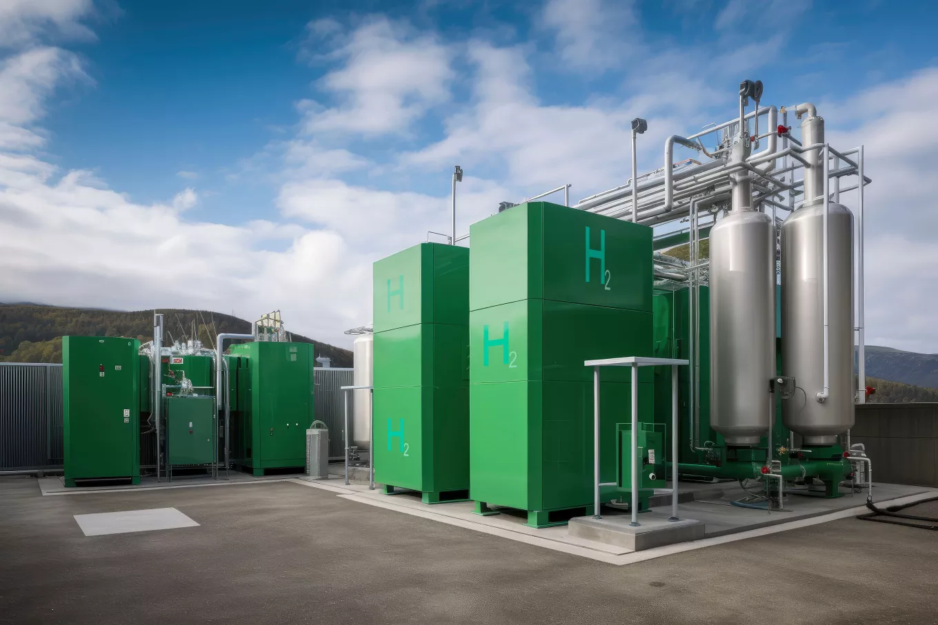 Green Hydrogen renewable energy production facility - green hydrogen gas for clean electricity solar and windturbine facility. ai generative.