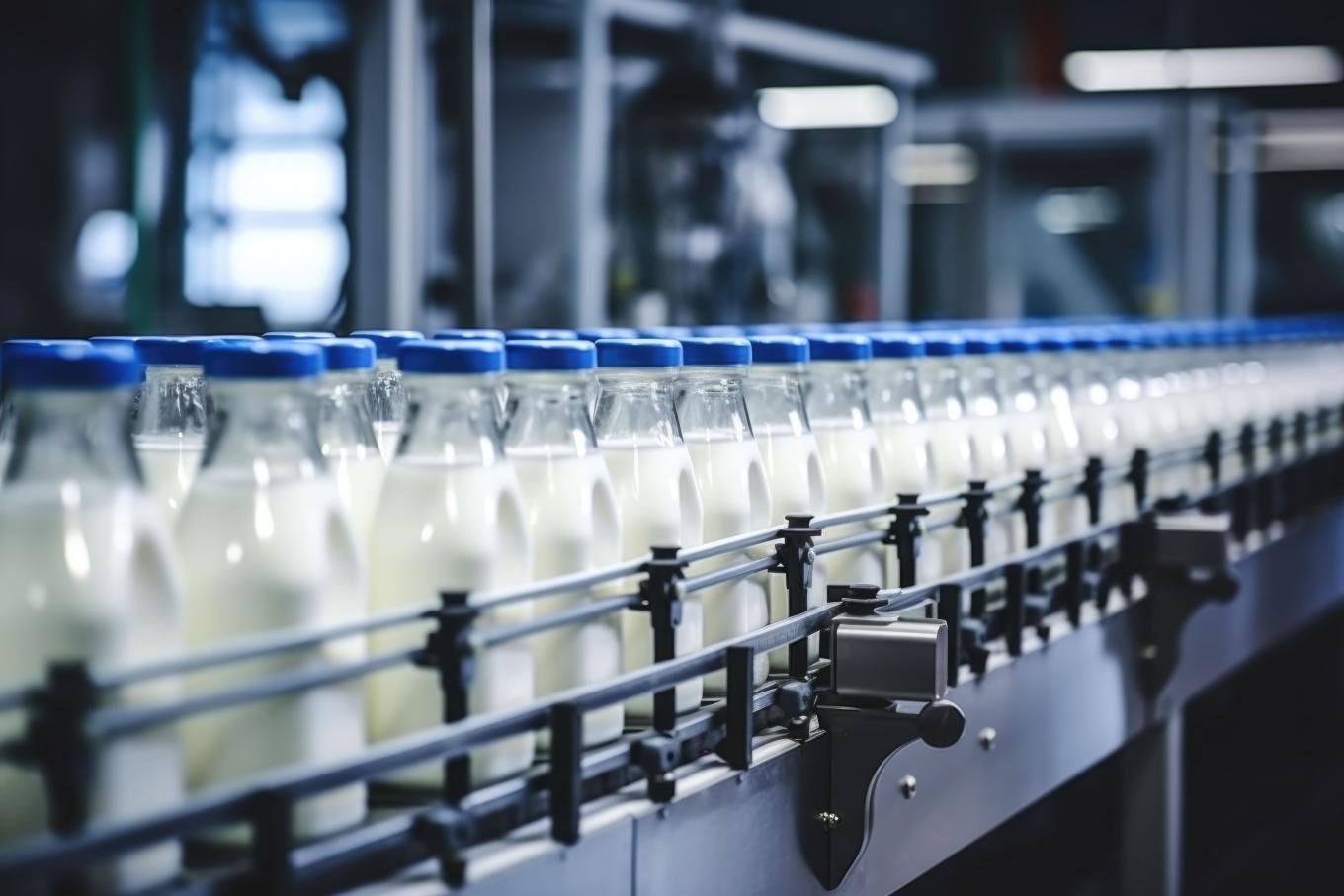 Production line of dairy products with bottles on a conveyor