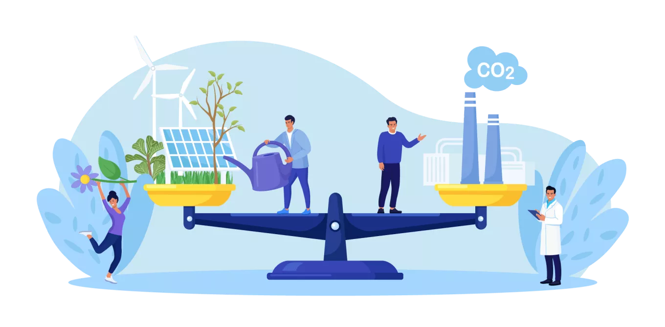 Carbon offset compensation to reduce CO2. Net zero emissions and carbon dioxide neutral balance. Scales with plants and factory. People calculate emissions from factories for zero environment strategy
