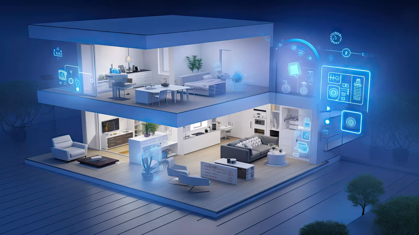 Smart home technology conceptual banner. Building consists digits and connected with icons of domestic smart devices. illustration concept of System intelligent control house on blue background