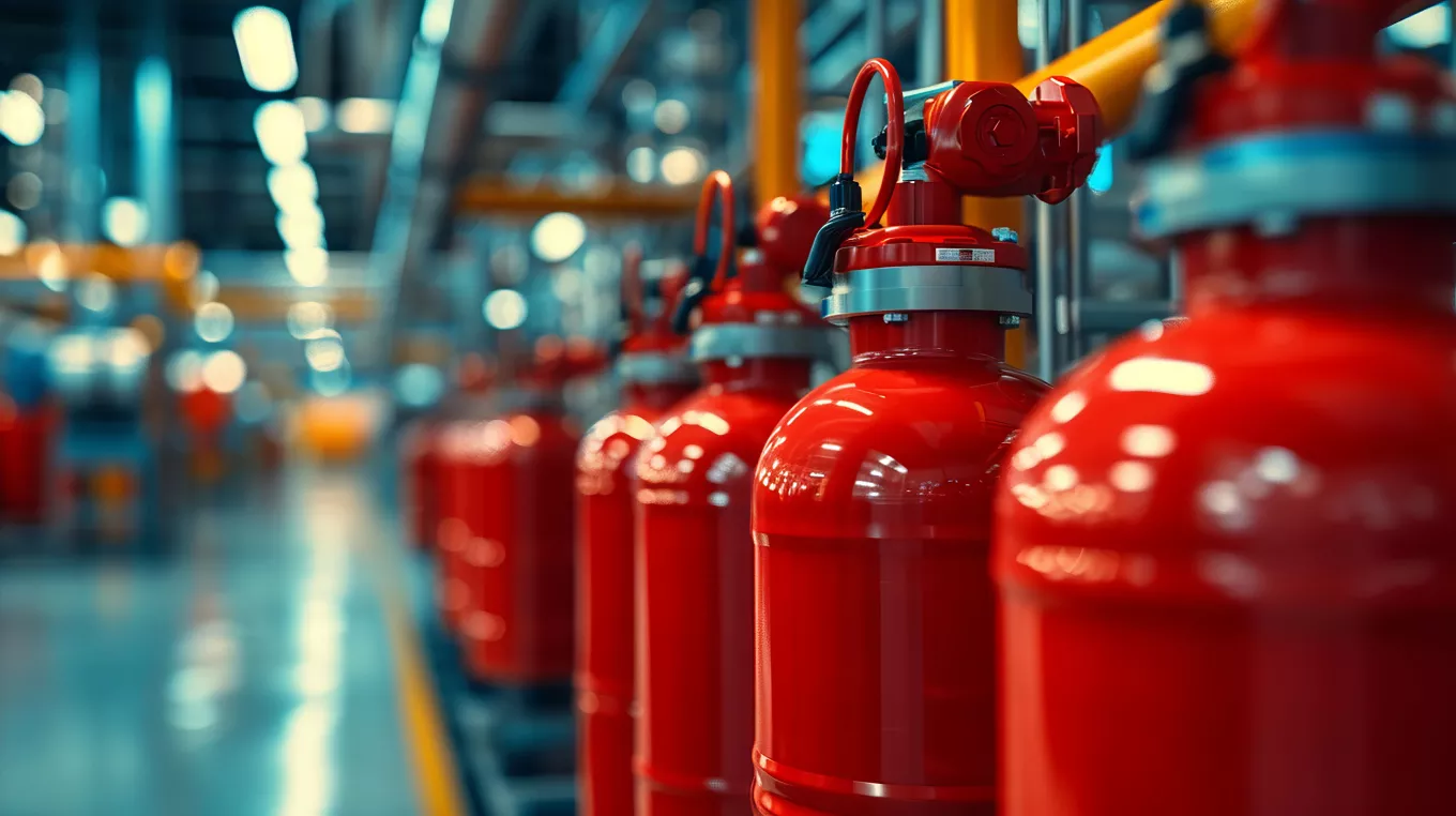 Vibrant crimson safety devices, ready for emergency, against blurred machinery