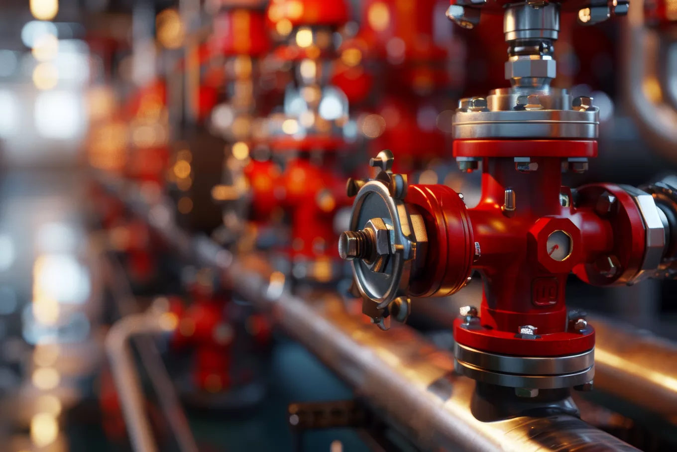 Ultra-realistic wet fire protection valves with droplets in industrial settinG