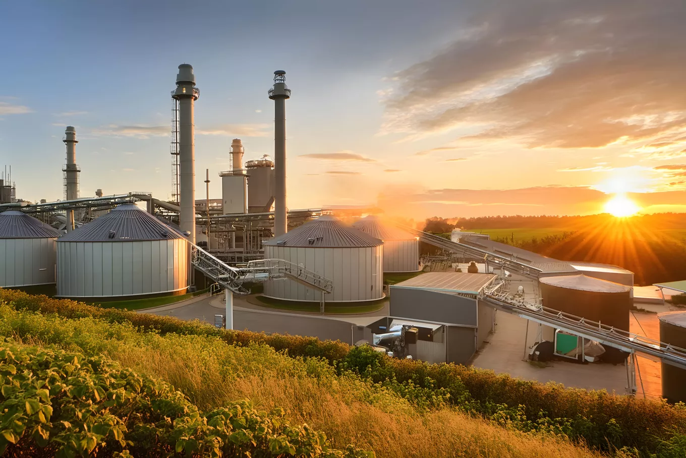 A bustling biomass energy facility at sunset, featuring large metal silos used for storing and processing organic matter into renewable energy.