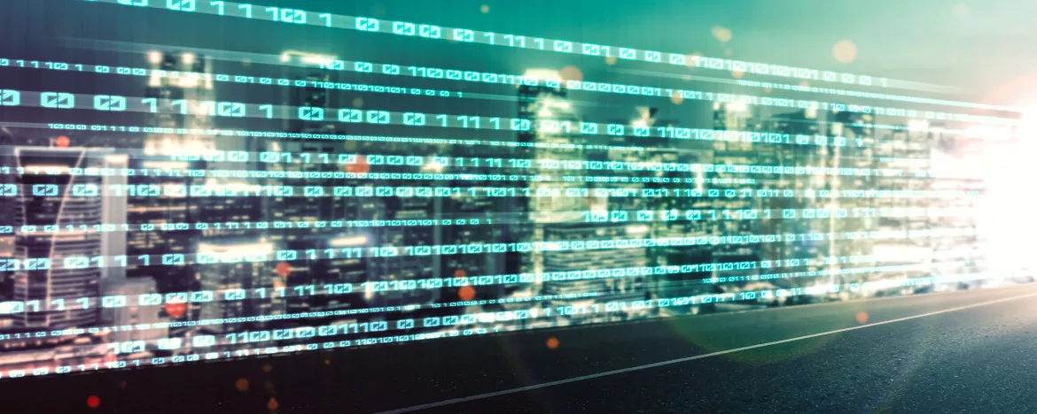 Digital data flow on road with motion blur to create vision of fast speed transfer . Concept of future digital transformation , disruptive innovation and agile business methodology 