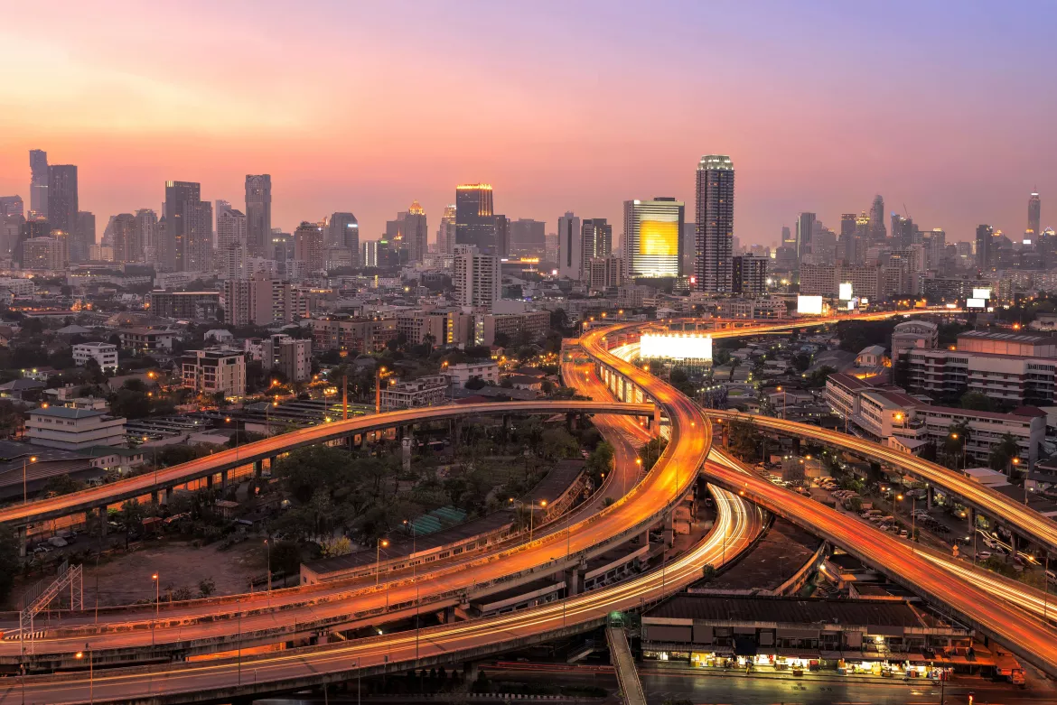 Modern office buildings, condominium in big city downtown with Motorway, Expressway, Freeway the infrastructure for transportation in modern city,