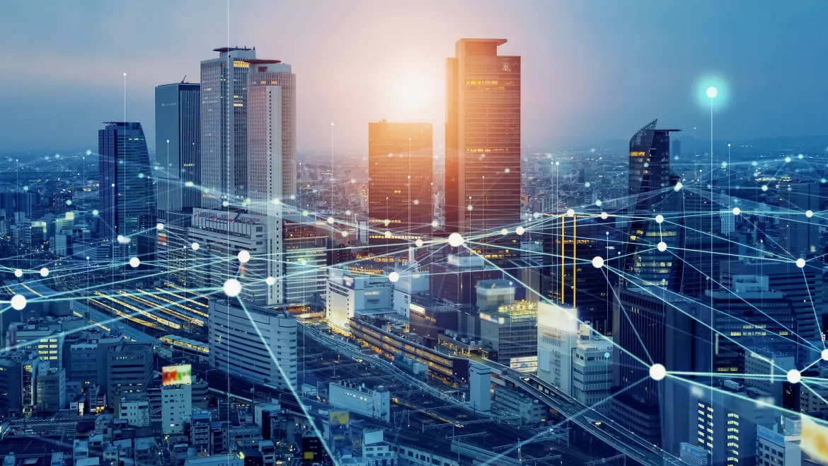 Smart city and communication network concept. 5G. IoT (Internet of Things). Telecommunication.