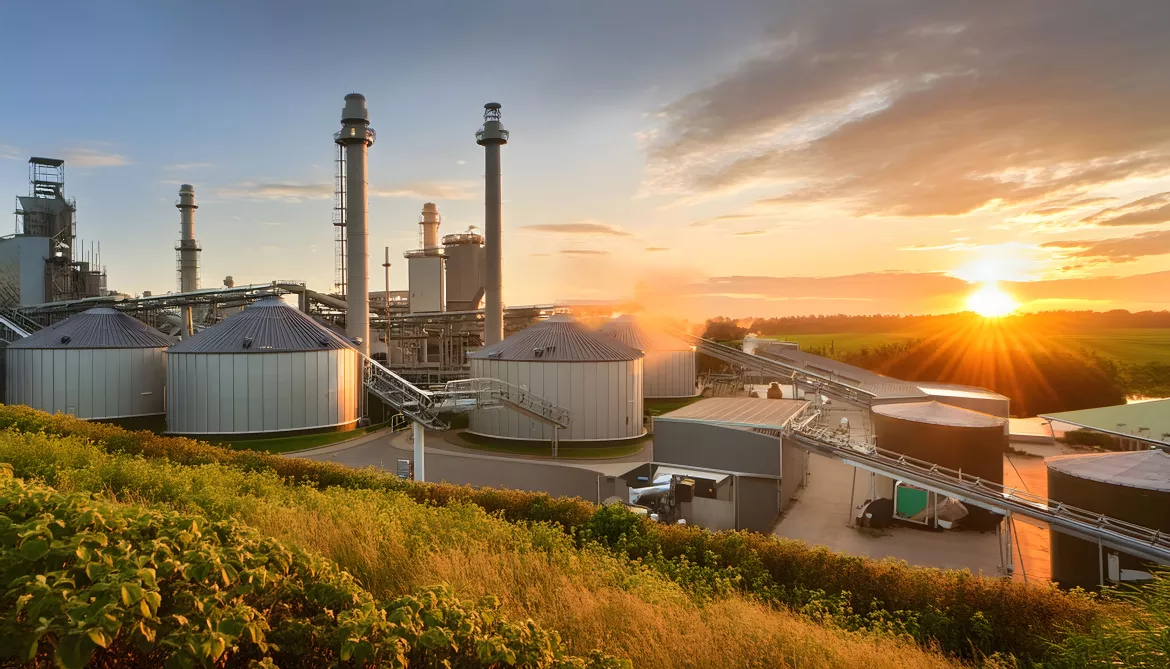 A bustling biomass energy facility at sunset, featuring large metal silos used for storing and processing organic matter into renewable energy.