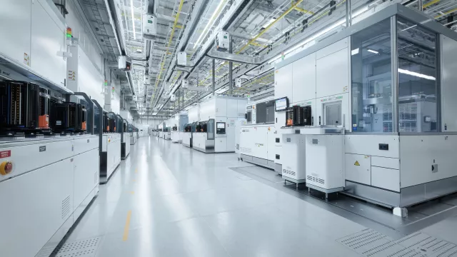 Wide Shot of Bright Advanced Semiconductor Production Fab Cleanroom with Working Overhead Wafer Transfer System
