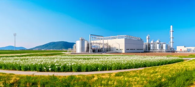 Hydrogen power plant, large steel tanks and pipes, wide angle photo, sunny green grass field foreground. Clean H2 energy concept 
