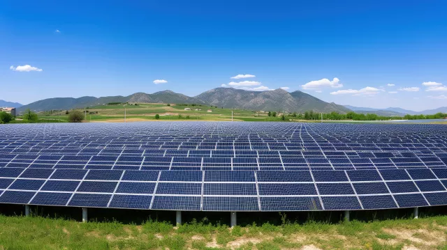 Solar photovoltaic panels in solar farm used to produce mill in a flour mill in Tirana, Albania. Sustainable energy, electric power generation, decarbonization, renewable green