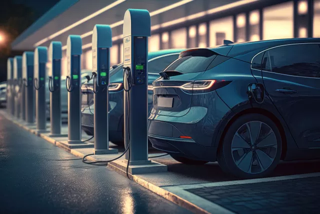 A line of electric cars charging at a public charging station. AI generation