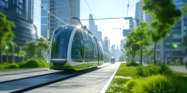 Promoting Eco-Friendly Urban Mobility: Green Public Transportation Navigating Futuristic City Streets. Сoncept Sustainable Transportation, Electric Vehicles, Bike Lanes, Public Transit,
