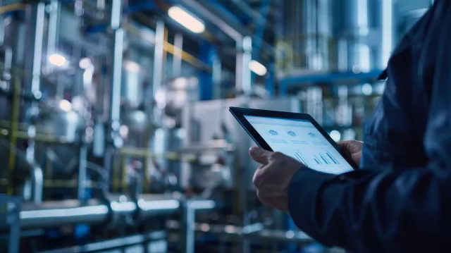 Close-up of analyzing data on a tablet computer, background of a Hydrogen factory, industrial setting with technology integration