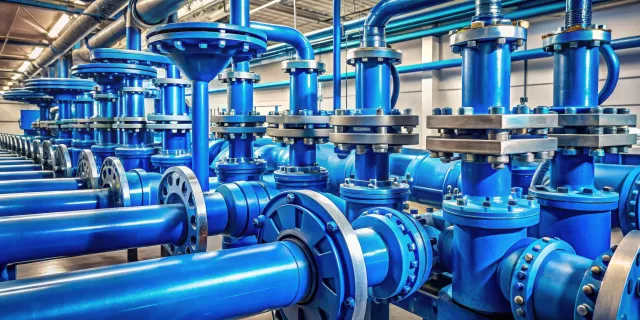 Industrial pipeline system with blue metal pipes, valves, and flanges, metal, industrial, pipeline, system, valves