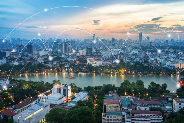 Smart city and wireless communication network concept. Digital network connection lines