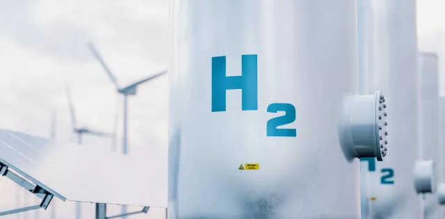Hydrogen storage tank concept in beautiful morning light. 3d rendering.