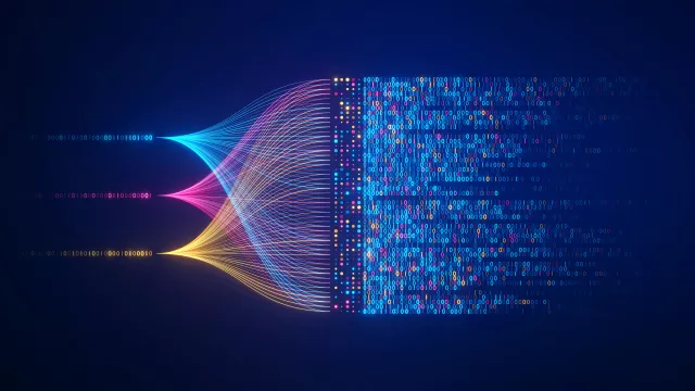 Big data technology and data science illustration. Data flow concept. Querying, analysing, visualizing complex information. Neural network for artificial intelligence. Data mining